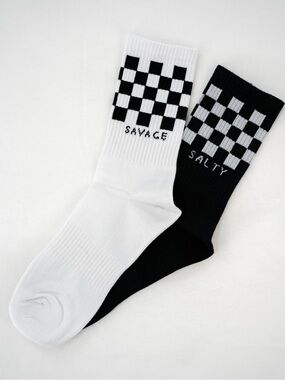 Salty Savage Checkerboard Crew Socks - Black & White